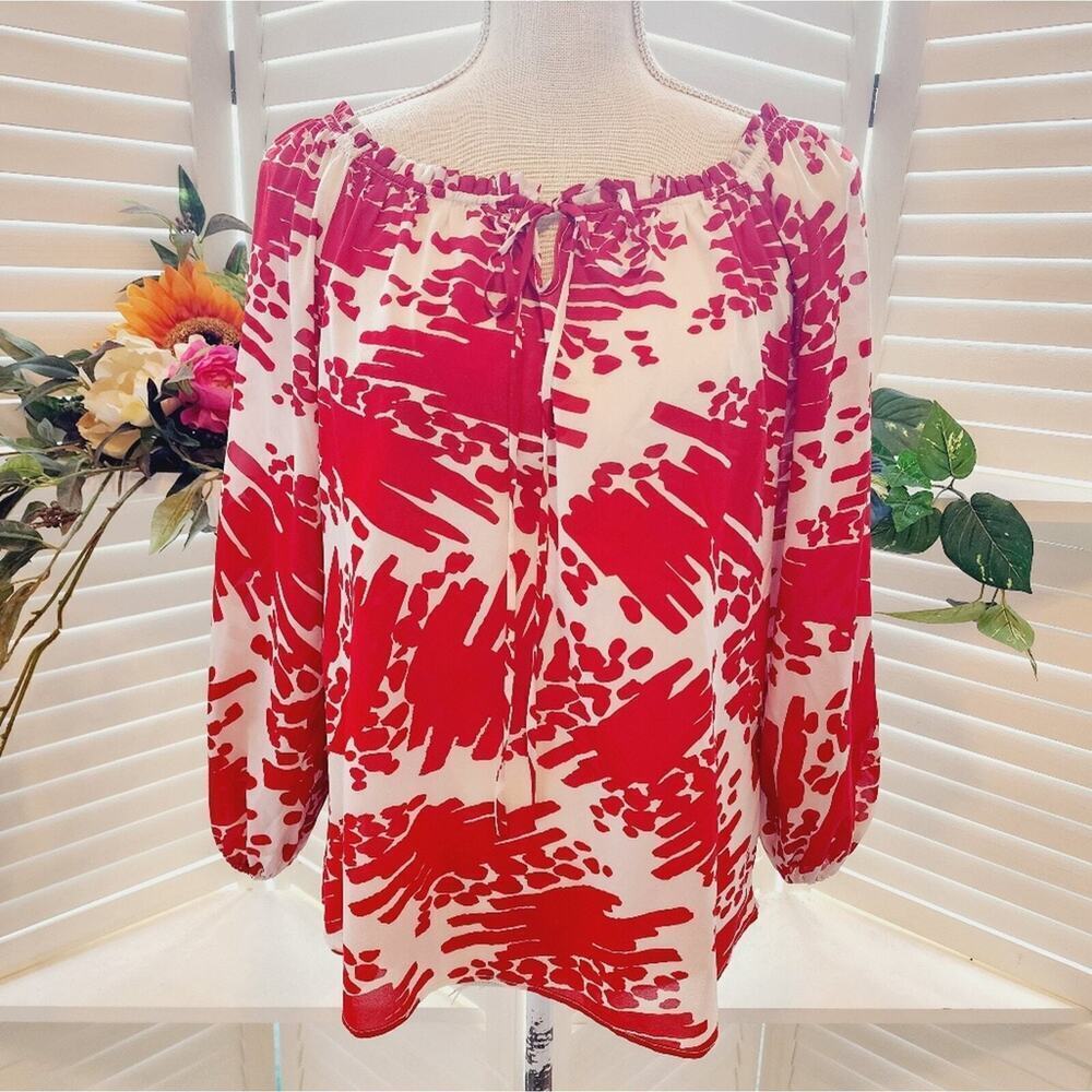 ALICE & OLIVIA RUFFLE NECK RED/CREAM SILK BLOUSE SIZE SMALL